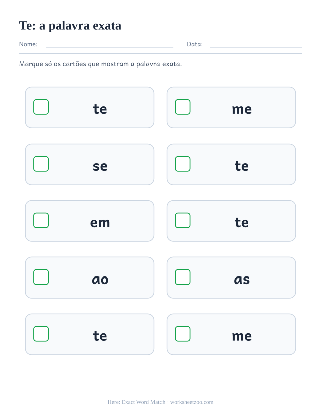 Prévia da palavra frequente “te”, a palavra exata