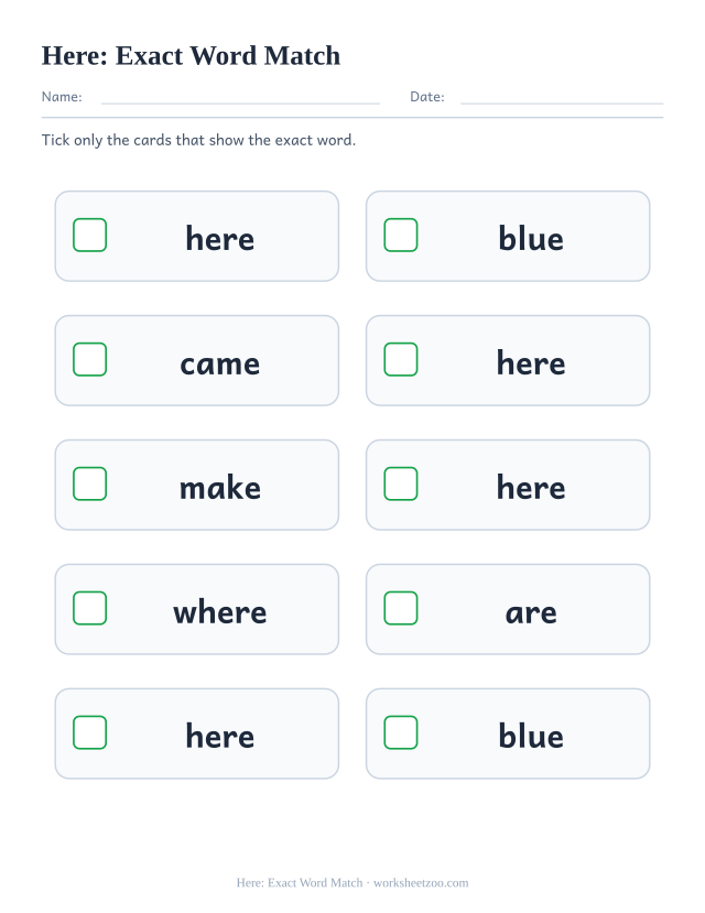 Sight word “here” worksheet, exact word match printable activity