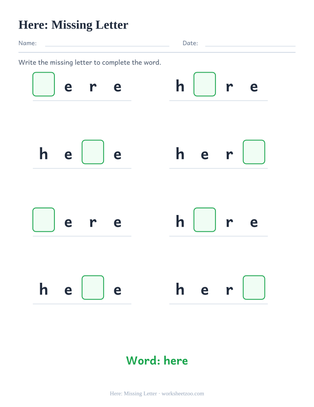 Sight word “here” worksheet, missing letter printable activity