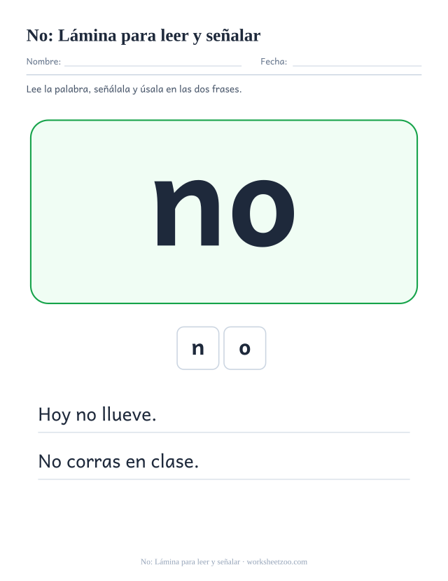 Ficha de la palabra frecuente «no», lámina para leer y señalar para imprimir