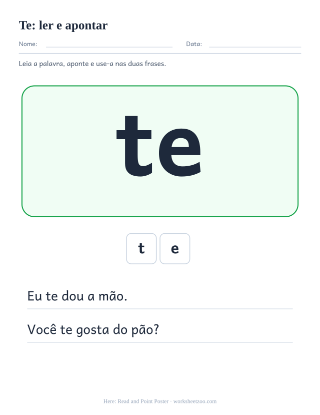 Prévia da palavra frequente “te”, ler e apontar