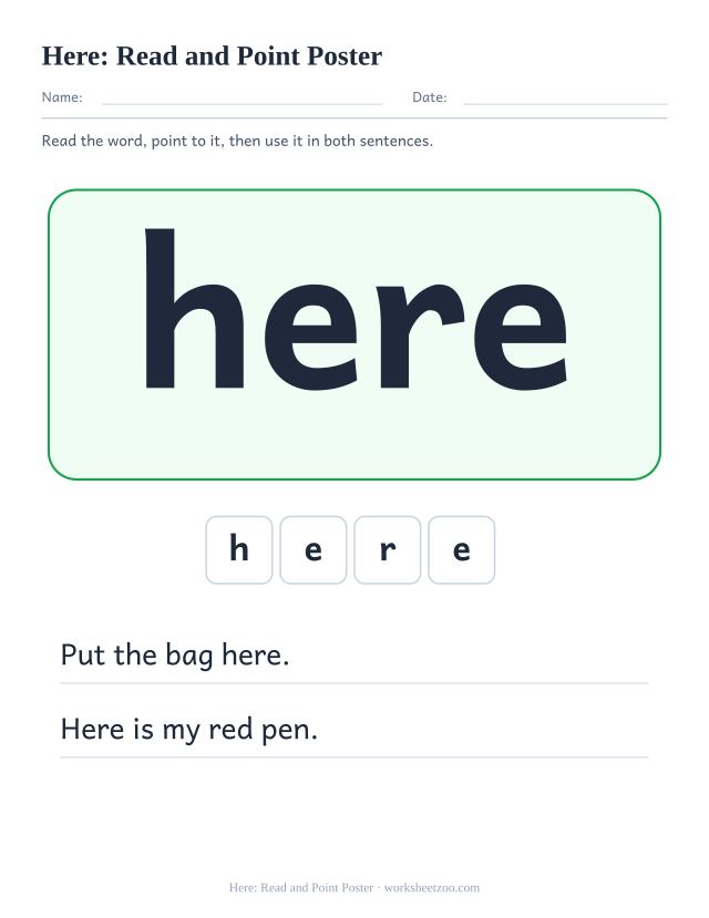 Sight word “here” worksheet, read and point poster printable activity