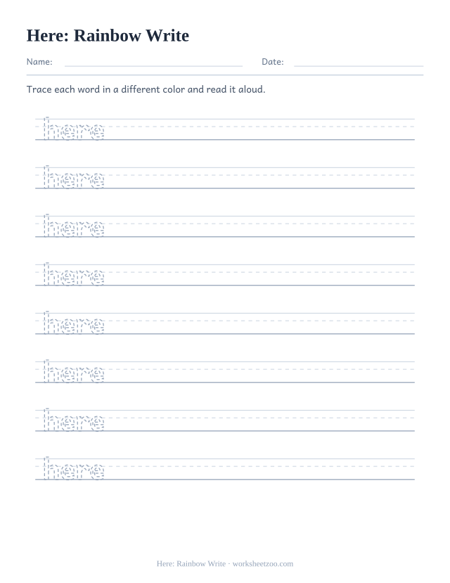 Sight word “here” worksheet, rainbow write printable activity