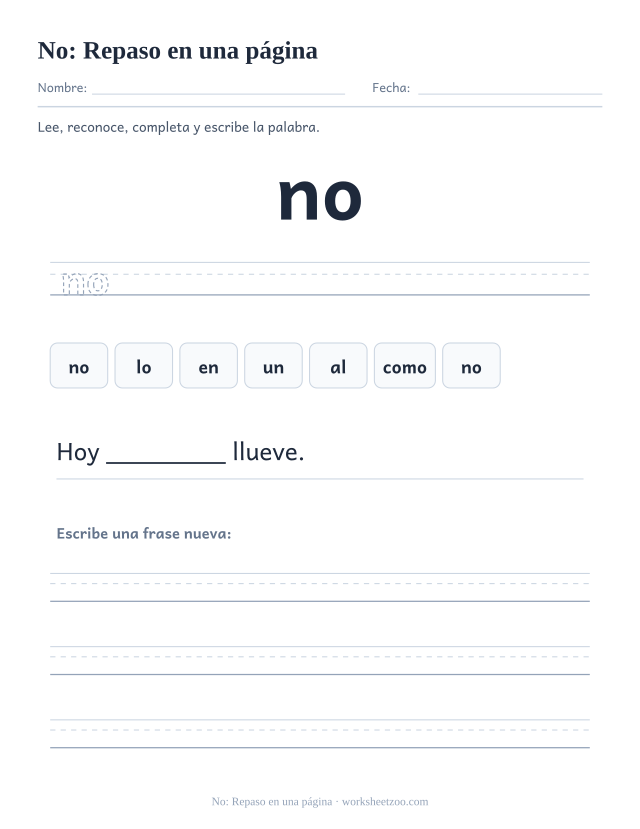 Ficha de la palabra frecuente «no», repaso en una página para imprimir
