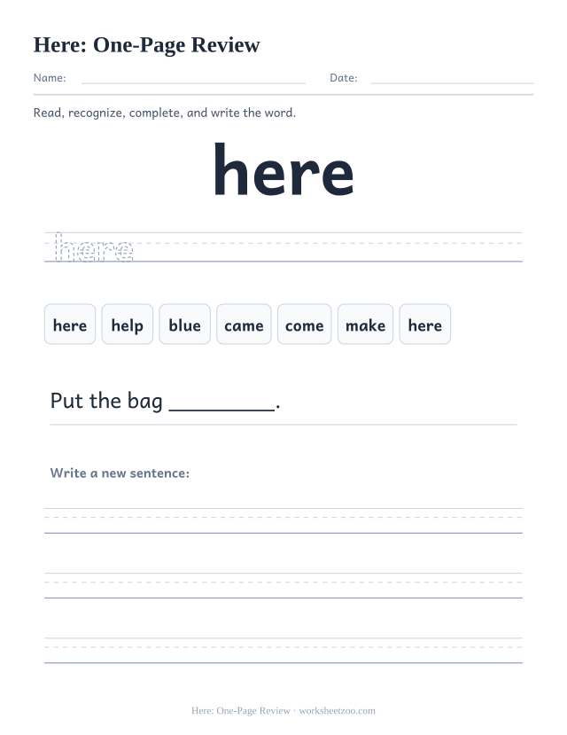Sight word “here” worksheet, one-page review printable activity