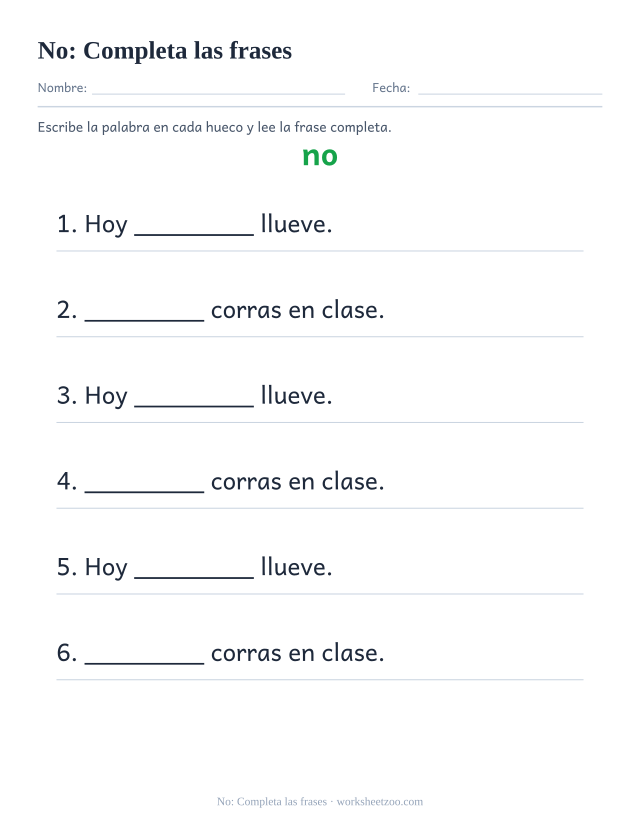 Ficha de la palabra frecuente «no», completa las frases para imprimir