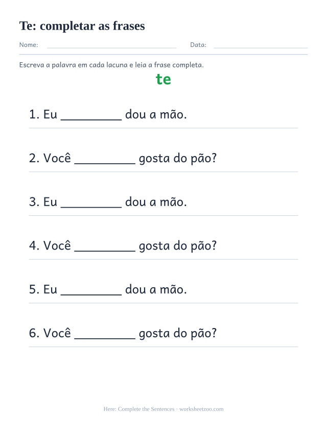 Prévia da palavra frequente “te”, completar as frases