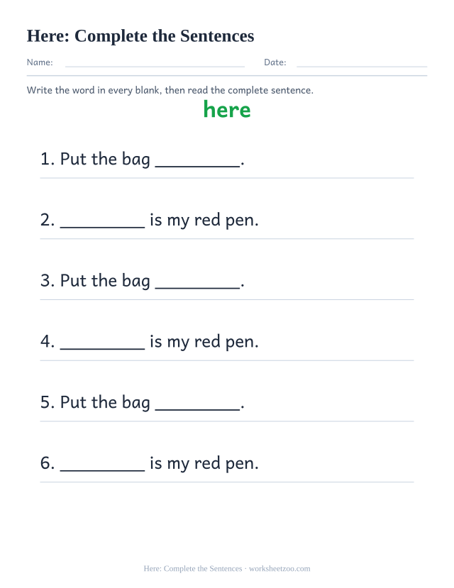 Sight word “here” worksheet, complete the sentences printable activity