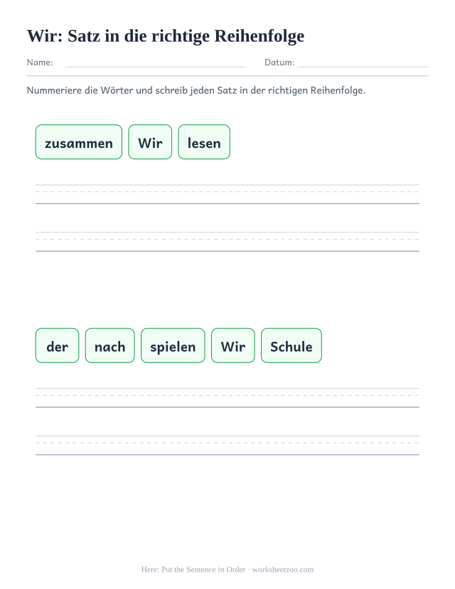 Vorschau: häufiges Wort „wir“, Satz in die richtige Reihenfolge