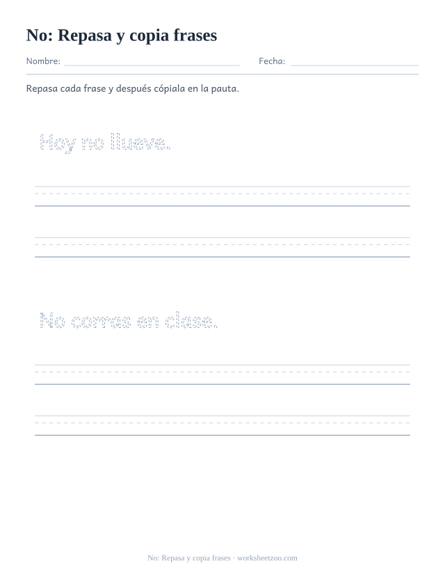 Ficha de la palabra frecuente «no», repasa y copia frases para imprimir