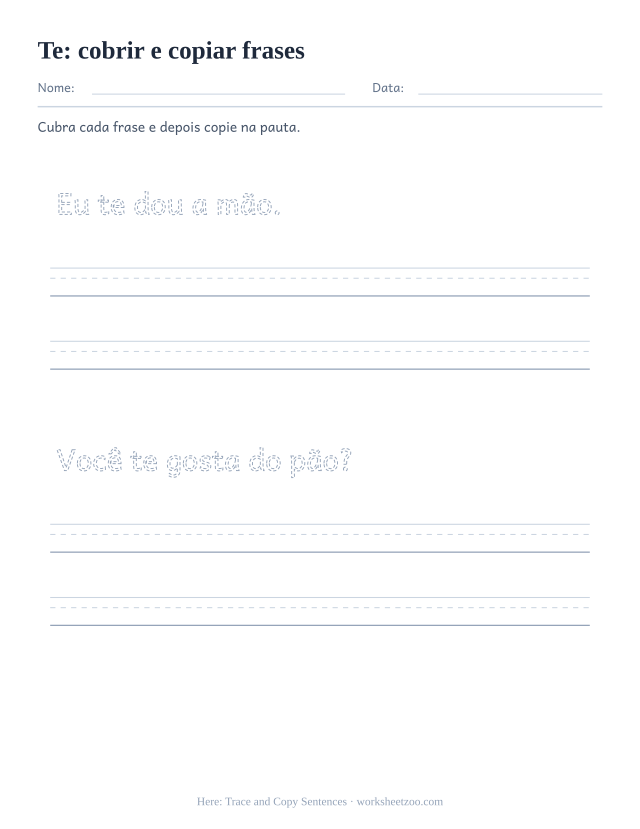 Prévia da palavra frequente “te”, cobrir e copiar frases