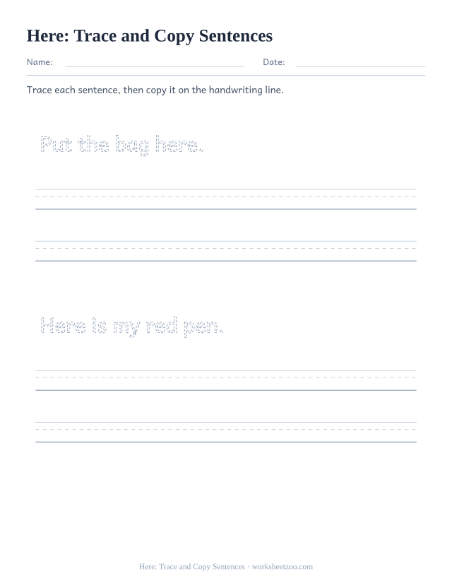 Sight word “here” worksheet, trace and copy sentences printable activity