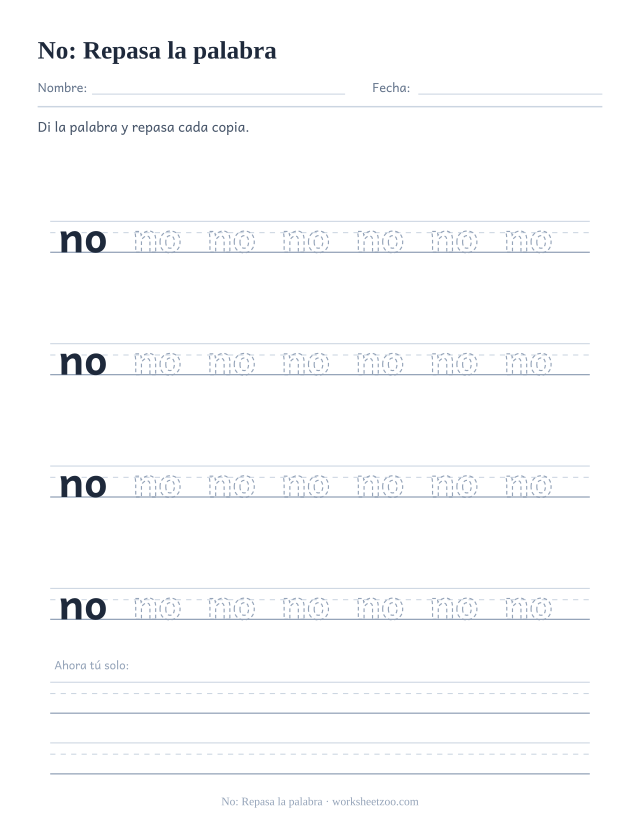 Ficha de la palabra frecuente «no», repasa la palabra para imprimir