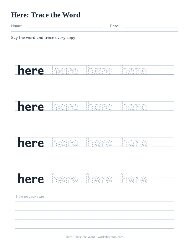 Sight word “here” worksheet, trace the word printable activity