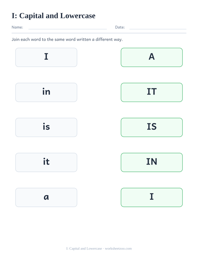 Sight word “I” worksheet, capital and lowercase printable activity