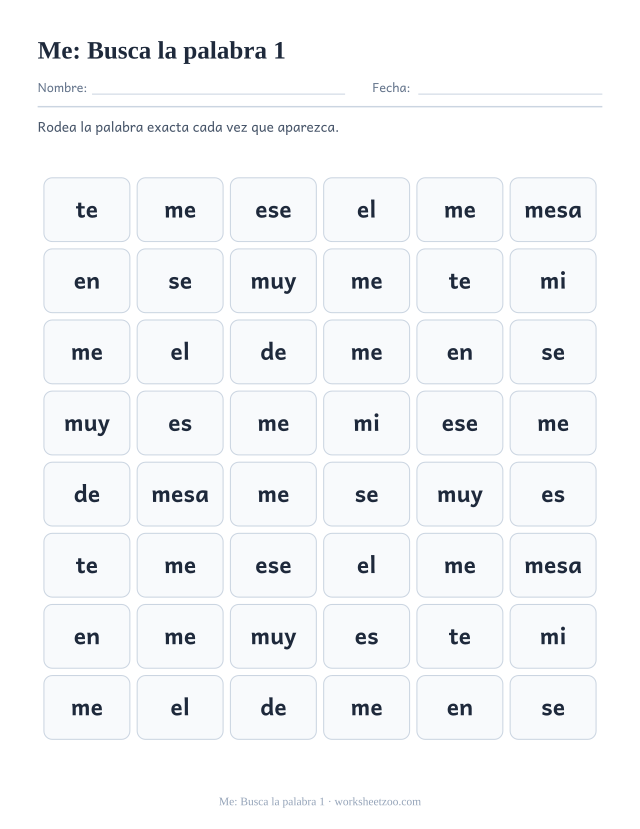 Ficha de la palabra frecuente «me», busca la palabra 1 para imprimir