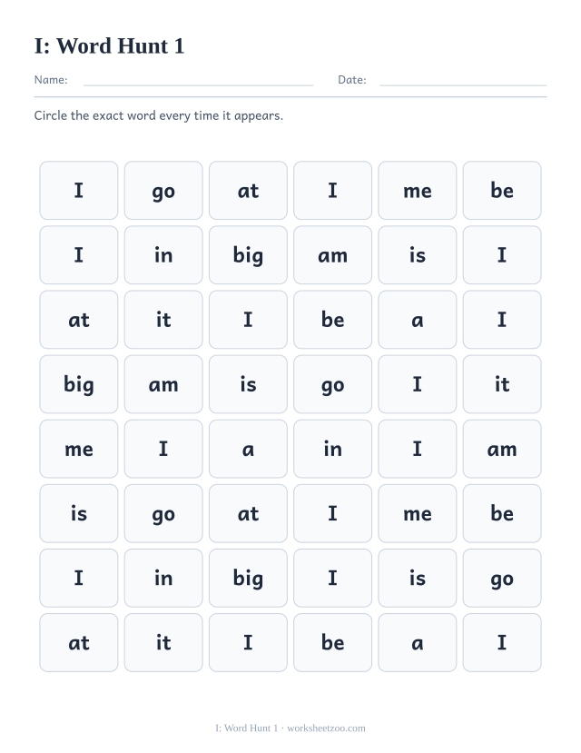 Sight word “I” worksheet, word hunt 1 printable activity