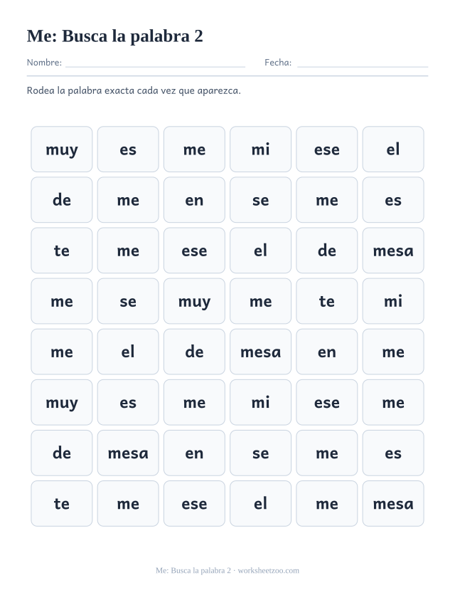 Ficha de la palabra frecuente «me», busca la palabra 2 para imprimir
