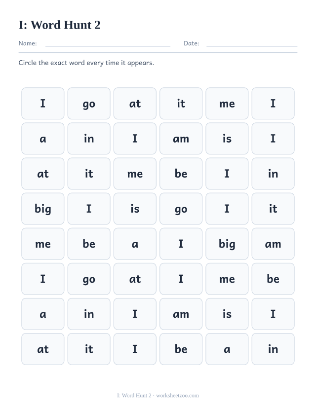 Sight word “I” worksheet, word hunt 2 printable activity