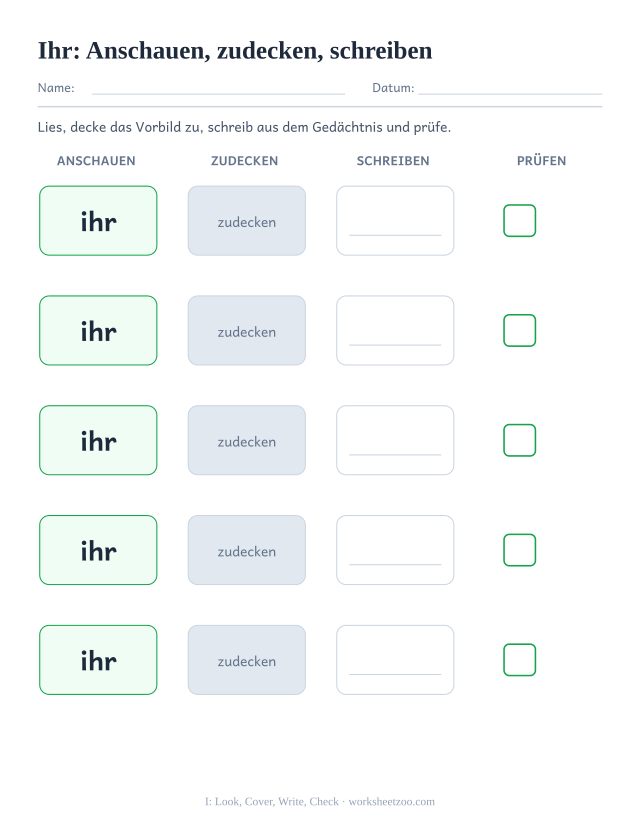 Vorschau: häufiges Wort „ihr“, Anschauen, zudecken, schreiben