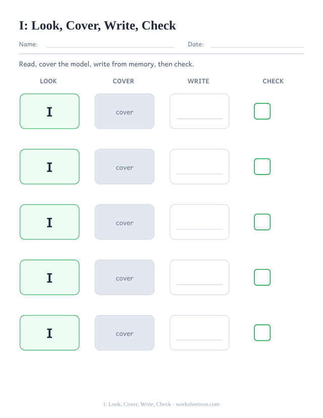 Sight word “I” worksheet, look, cover, write, check printable activity
