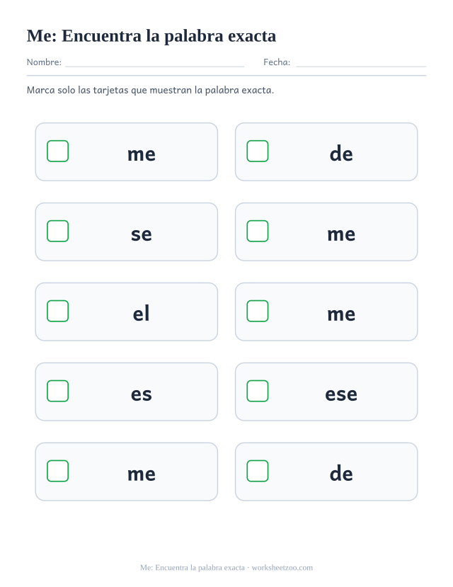 Ficha de la palabra frecuente «me», encuentra la palabra exacta para imprimir