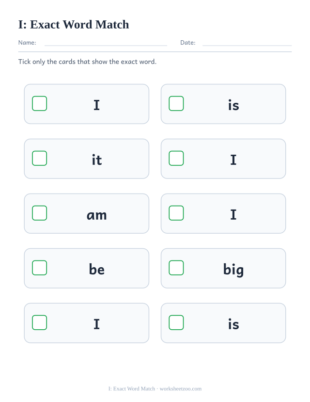 Sight word “I” worksheet, exact word match printable activity