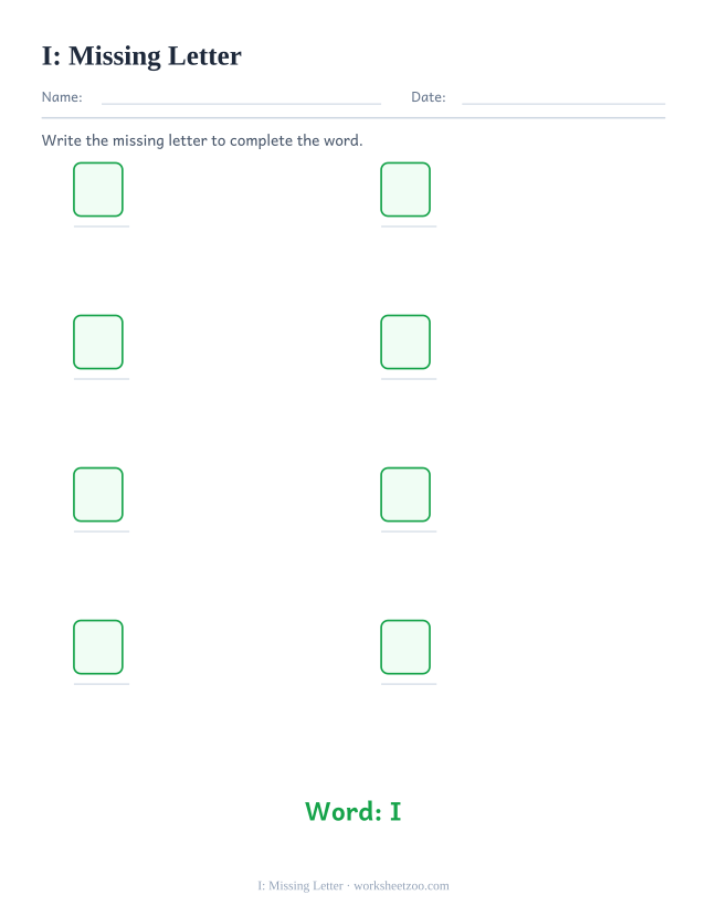 Sight word “I” worksheet, missing letter printable activity