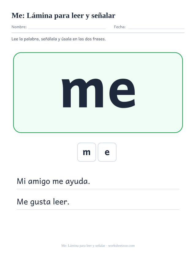 Ficha de la palabra frecuente «me», lámina para leer y señalar para imprimir