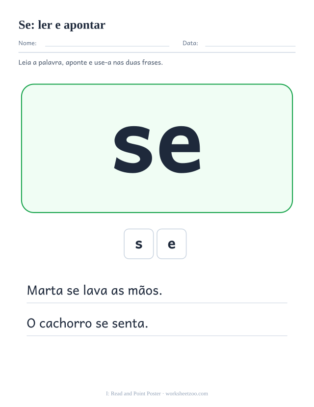 Prévia da palavra frequente “se”, ler e apontar