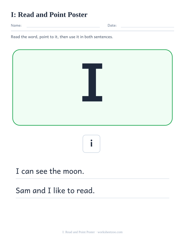 Sight word “I” worksheet, read and point poster printable activity