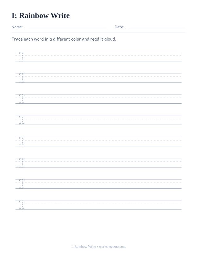 Sight word “I” worksheet, rainbow write printable activity