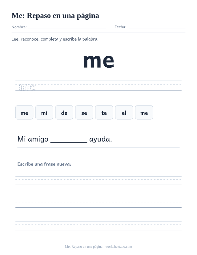 Ficha de la palabra frecuente «me», repaso en una página para imprimir