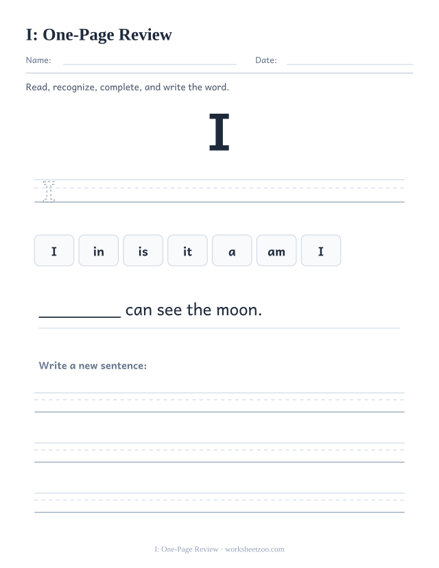 Sight word “I” worksheet, one-page review printable activity