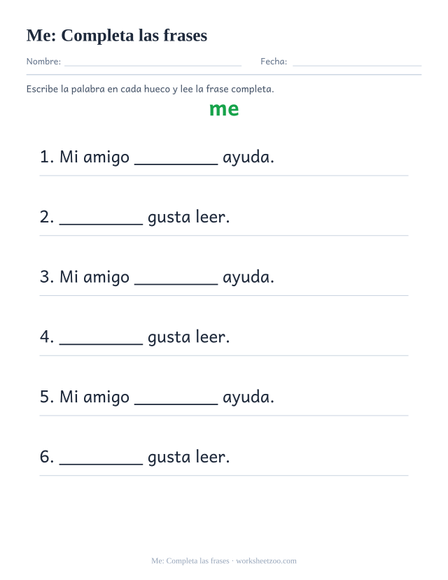 Ficha de la palabra frecuente «me», completa las frases para imprimir