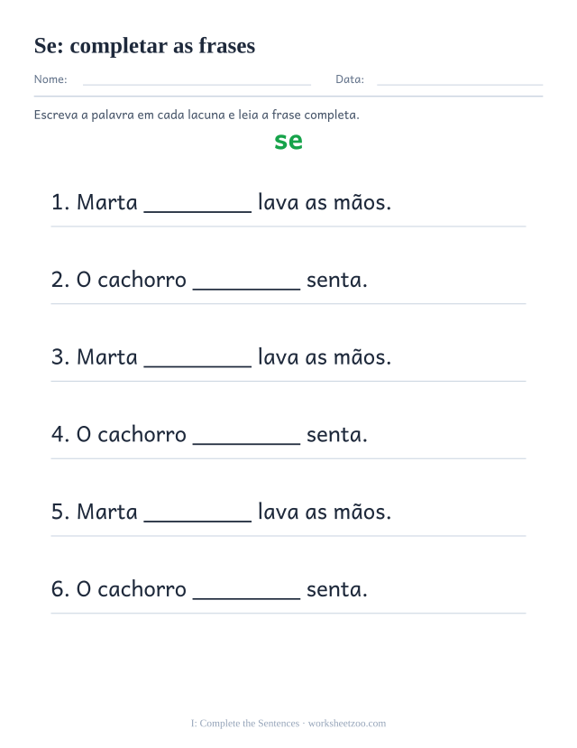 Prévia da palavra frequente “se”, completar as frases