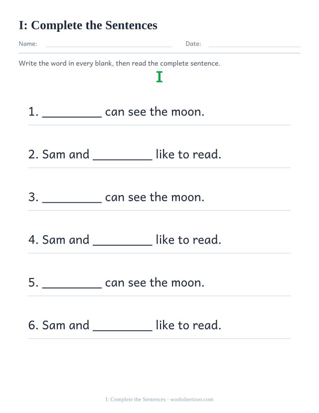 Sight word “I” worksheet, complete the sentences printable activity