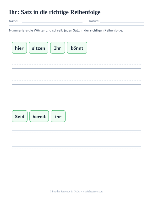Vorschau: häufiges Wort „ihr“, Satz in die richtige Reihenfolge
