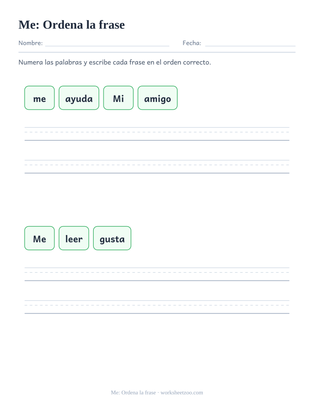 Ficha de la palabra frecuente «me», ordena la frase para imprimir