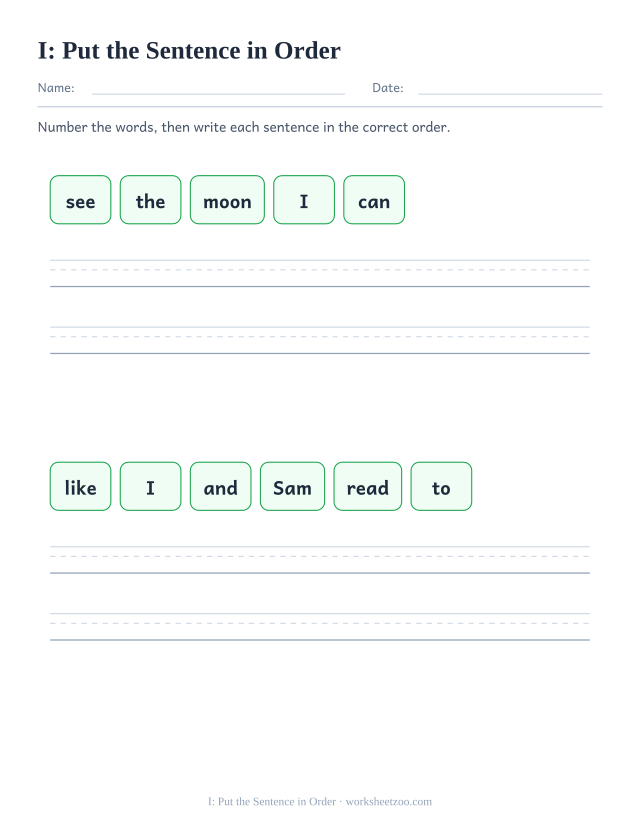 Sight word “I” worksheet, put the sentence in order printable activity