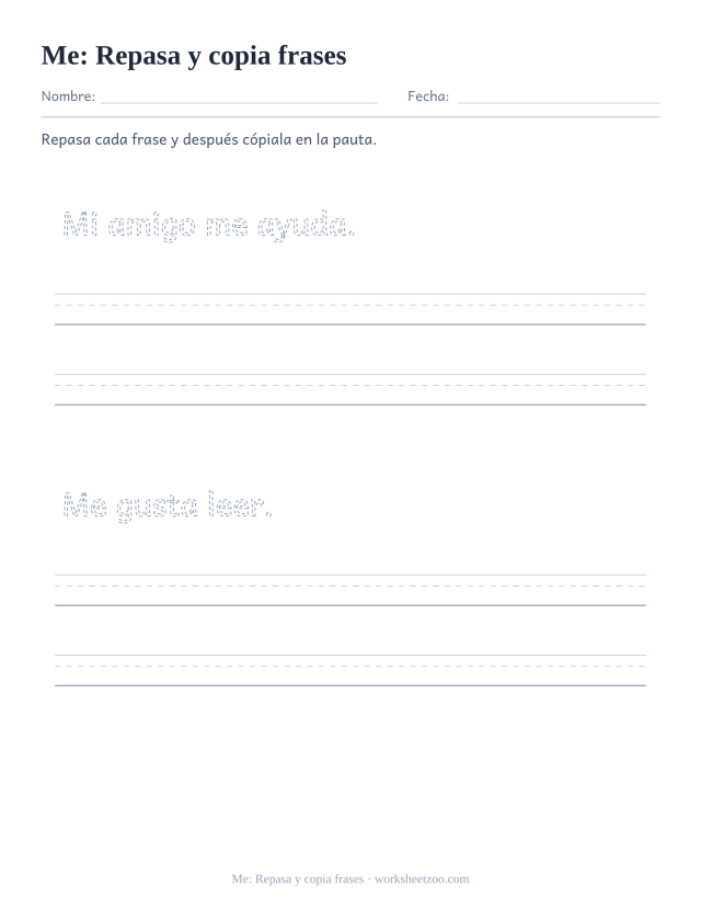 Ficha de la palabra frecuente «me», repasa y copia frases para imprimir