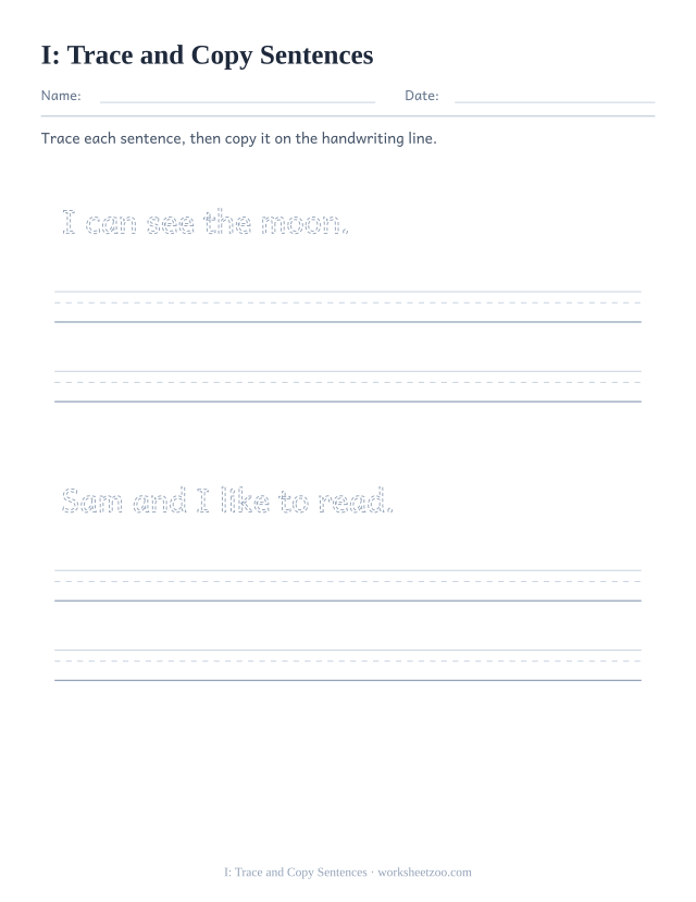 Sight word “I” worksheet, trace and copy sentences printable activity