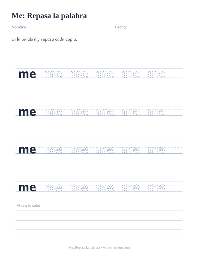 Ficha de la palabra frecuente «me», repasa la palabra para imprimir