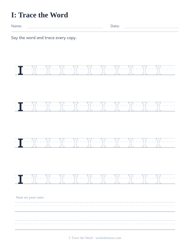 Sight word “I” worksheet, trace the word printable activity