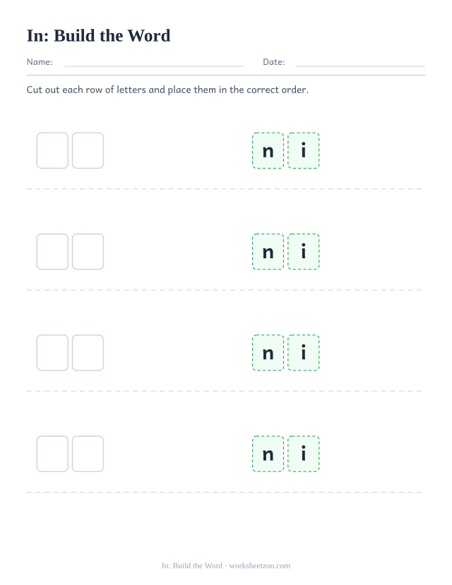 Sight word “in” worksheet, build the word printable activity
