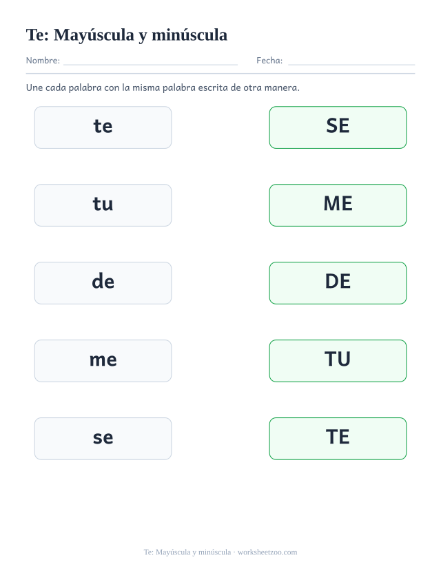 Ficha de la palabra frecuente «te», mayúscula y minúscula para imprimir