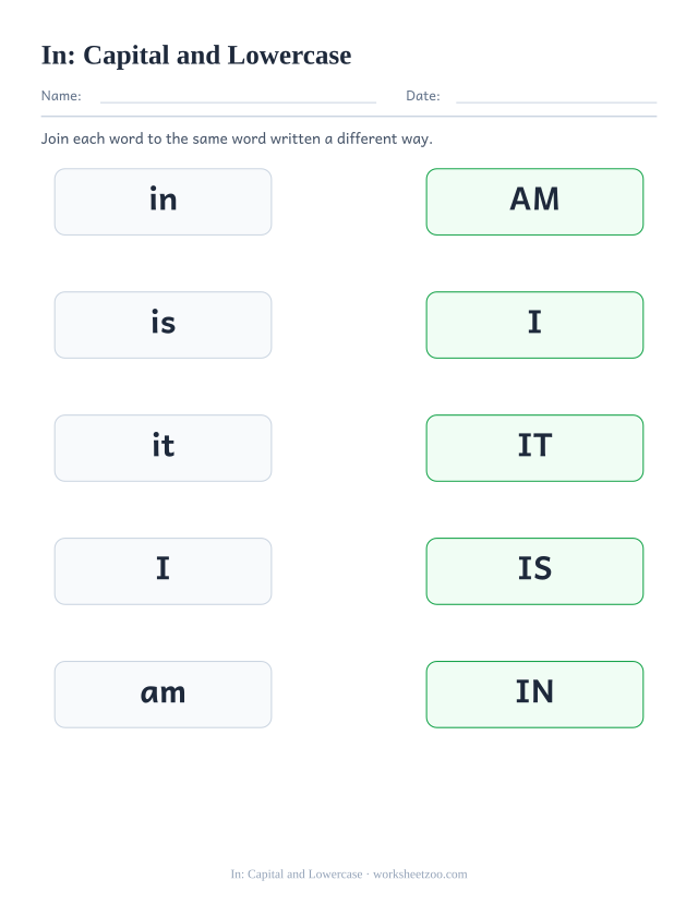 Sight word “in” worksheet, capital and lowercase printable activity