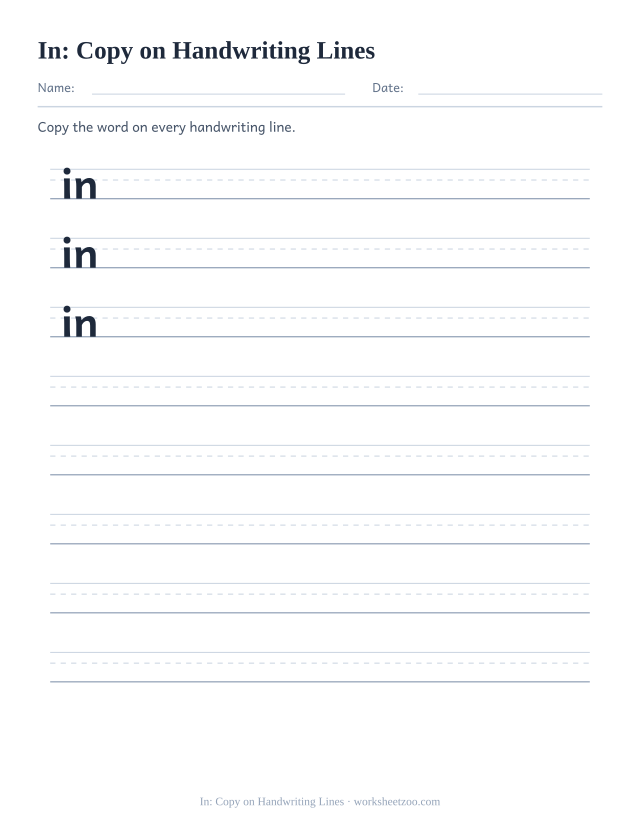 Sight word “in” worksheet, copy on handwriting lines printable activity