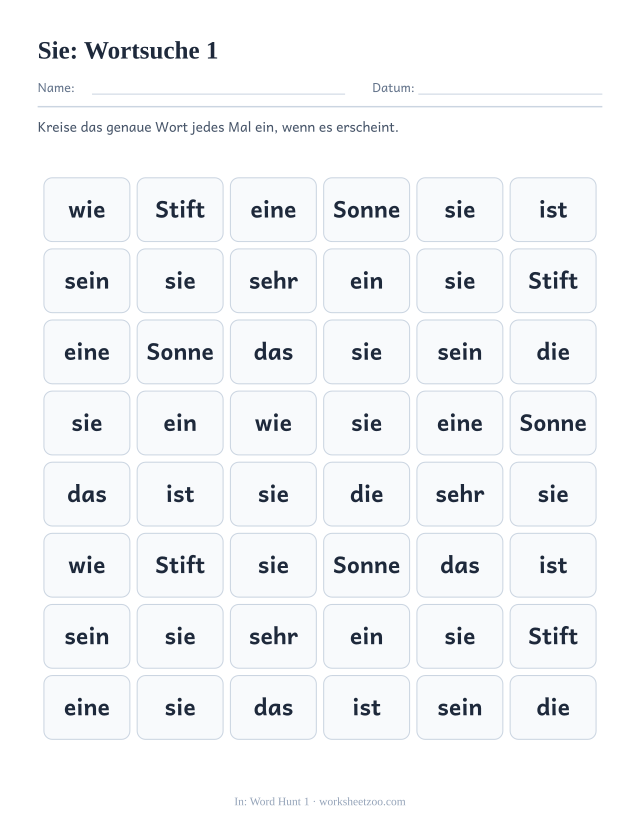 Vorschau: häufiges Wort „sie“, Wortsuche 1