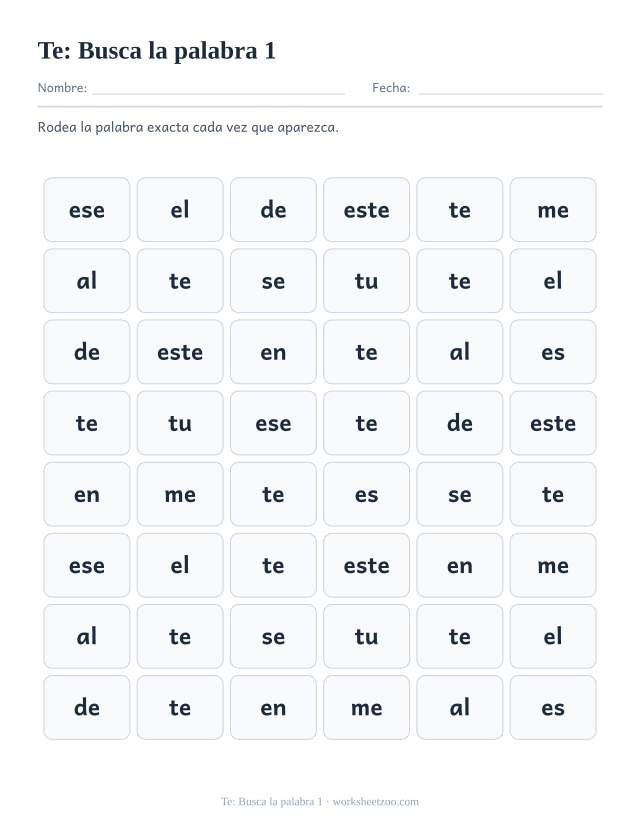 Ficha de la palabra frecuente «te», busca la palabra 1 para imprimir